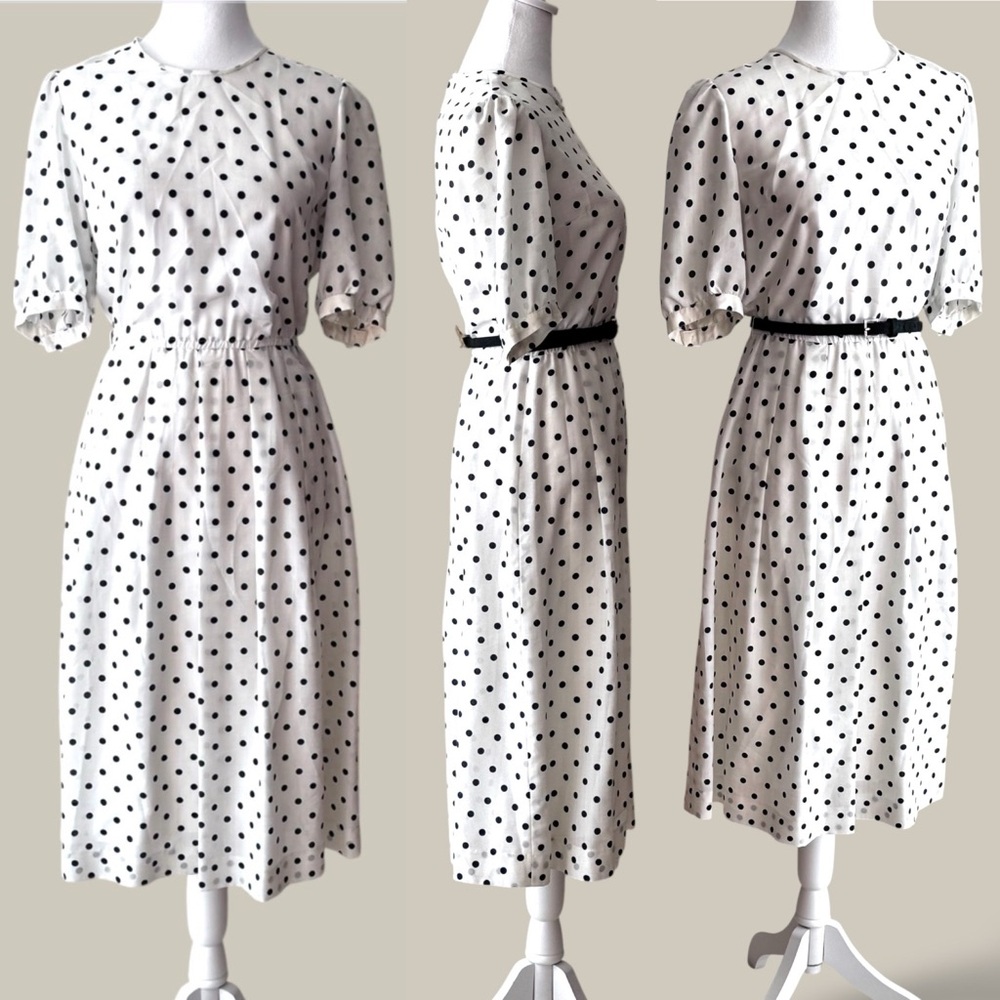 Vintage 1980s White Navy Polka Dot Midi Dress Sheer Puff Sleeve Elastic Waist